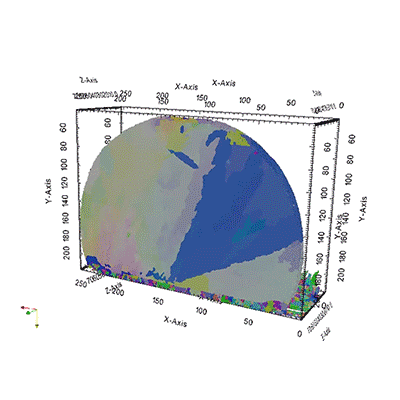TESCAN SOLARIS X로 수행한 솔더 볼의 3D EBSD 분석의 3D 볼륨 재구성.